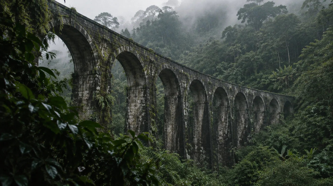 Blue train crossing the Nine Arch Bridge through misty jungle
