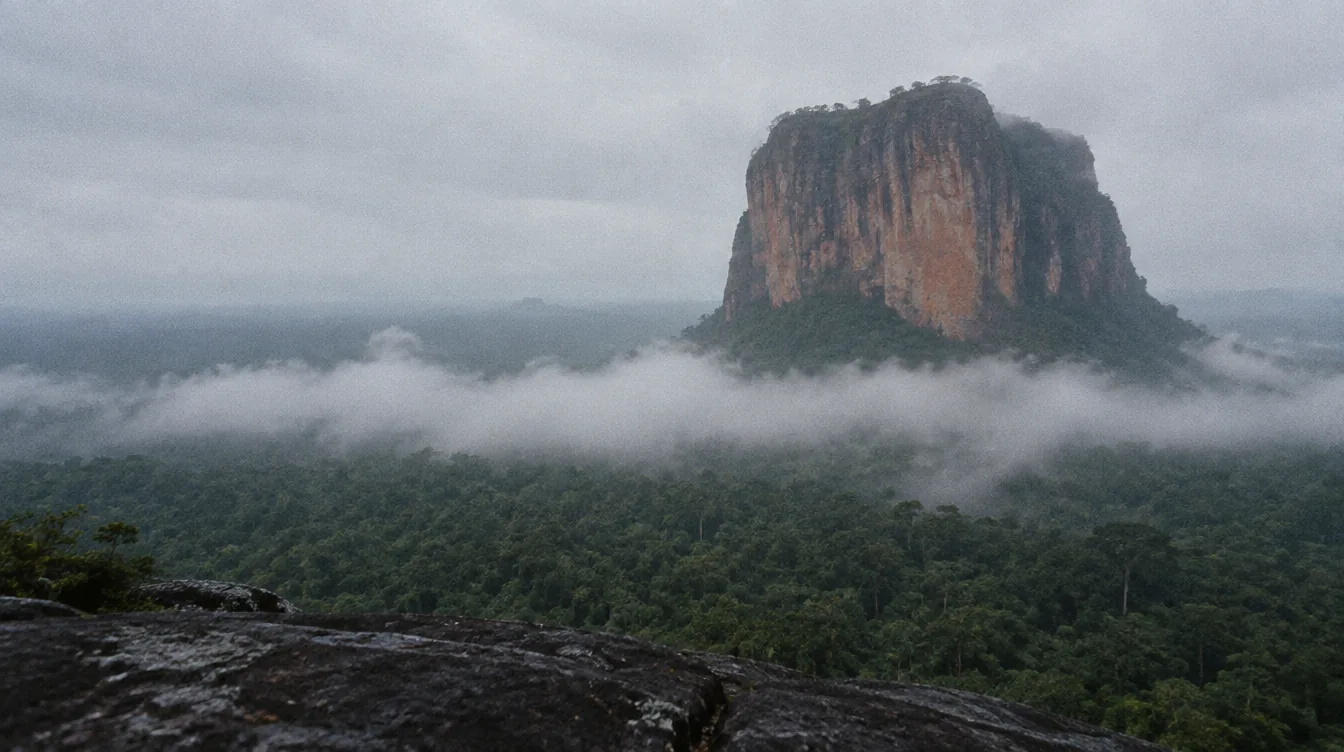 Sigiriya rock fortress rising through morning mist
