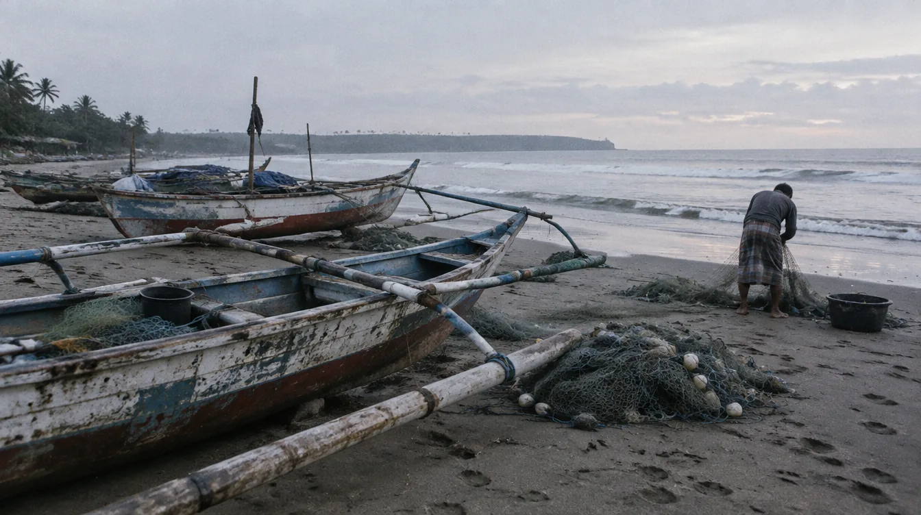 Wooden outrigger boats pulled up on dark sand at dawn, nets piled beside them and a fisherman working at the water's edge