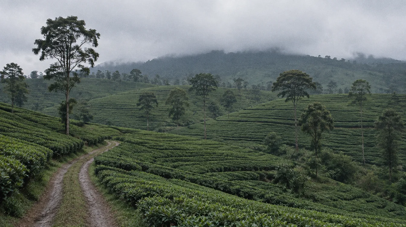 Lush tea estate terraces winding through the hill country