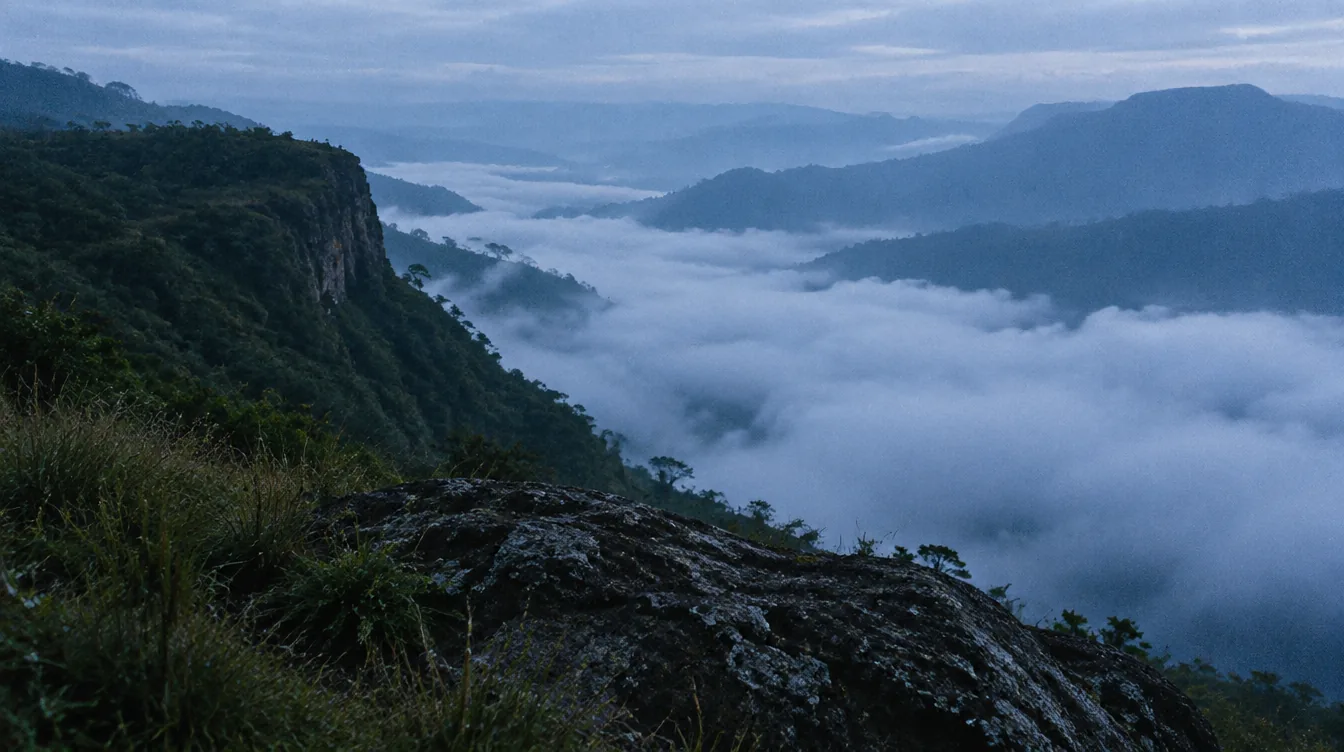 Mist filling the valley below Ella at first light with the escarpment falling away