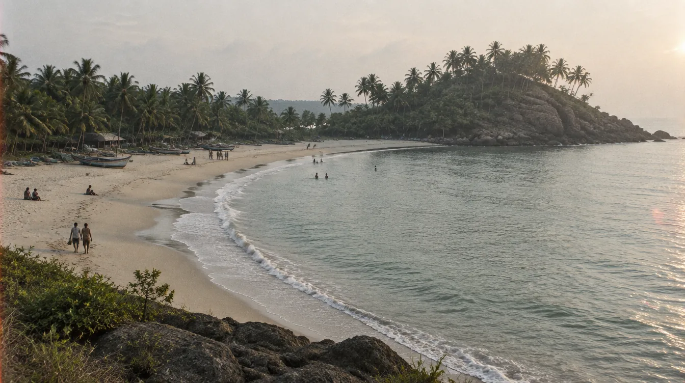 The crescent bay at Mirissa in low afternoon light with fishing boats on the sand