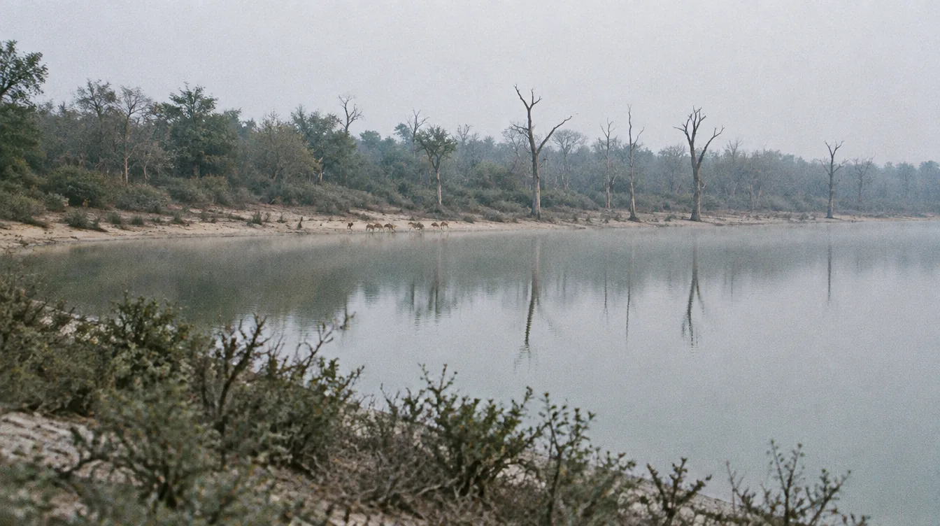 Early light over one of Wilpattu's natural lakes with dry forest behind