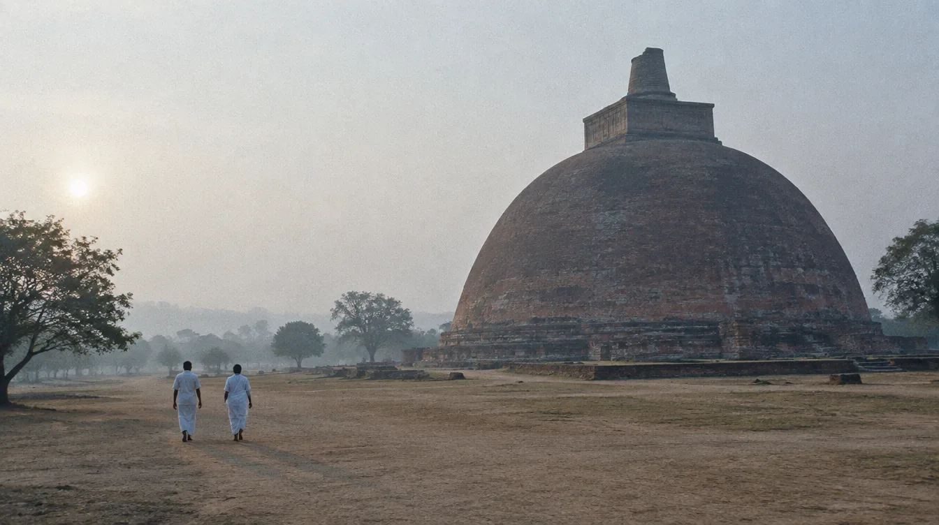Early light on a brick dagoba at Anuradhapura with pilgrims in white crossing the foreground