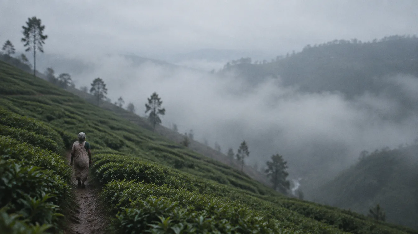 Mist sitting in a hill-country valley at dawn with tea terraces disappearing into cloud