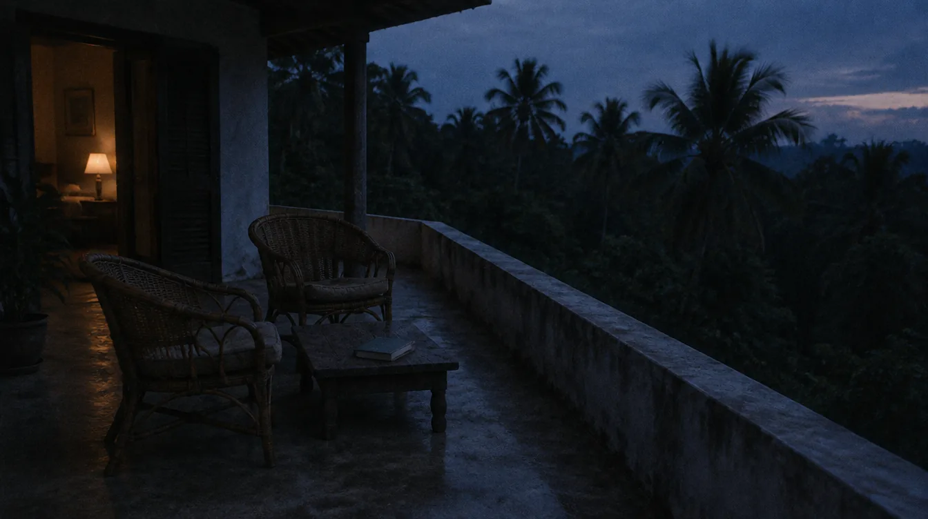 A quiet villa terrace looking out over the Sri Lankan coast at dusk
