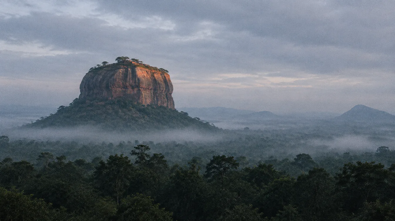 Sigiriya rock fortress at dawn through mist over the Cultural Triangle