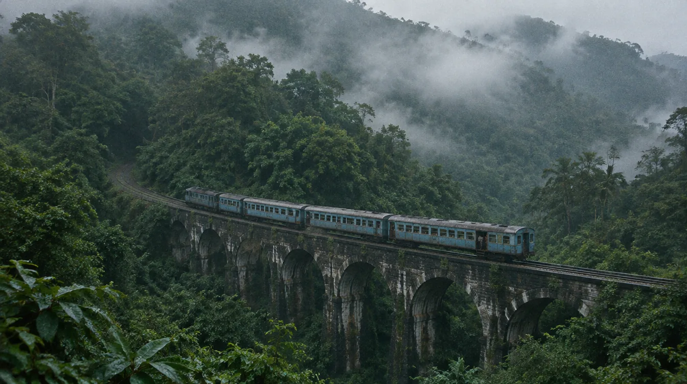 A blue Sri Lankan train crossing the Nine Arch Bridge through hill-country jungle
