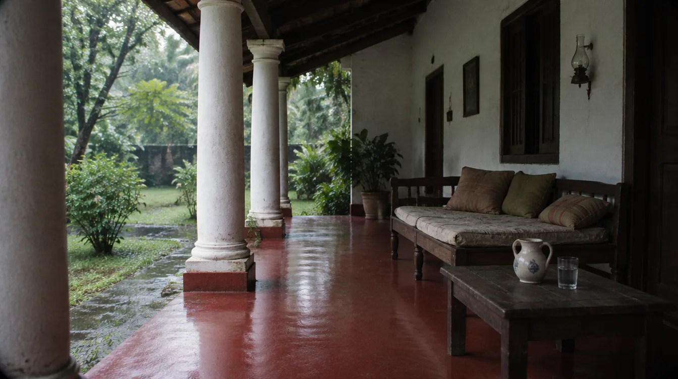 A quiet Ayurvedic retreat veranda in morning light through palms